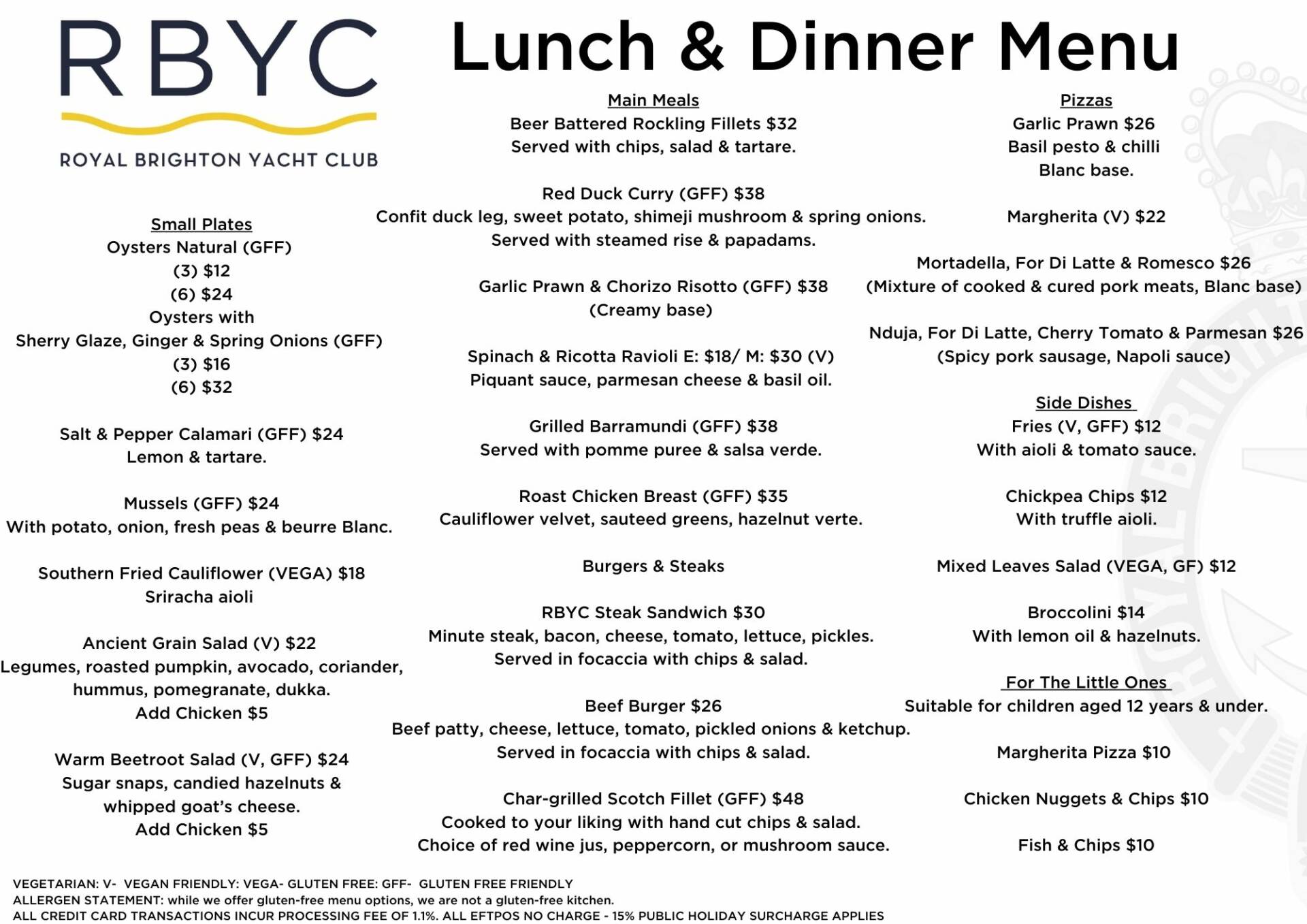 brighton seacliff yacht club menu